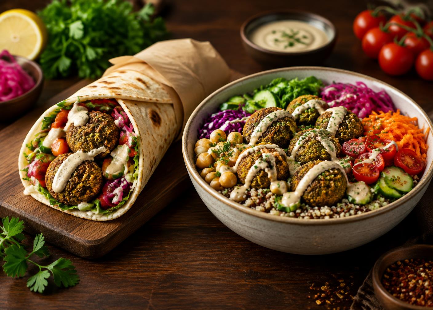Falafel Wrap und Falafel Bowl mit frischem Gemüse auf einem Holztisch