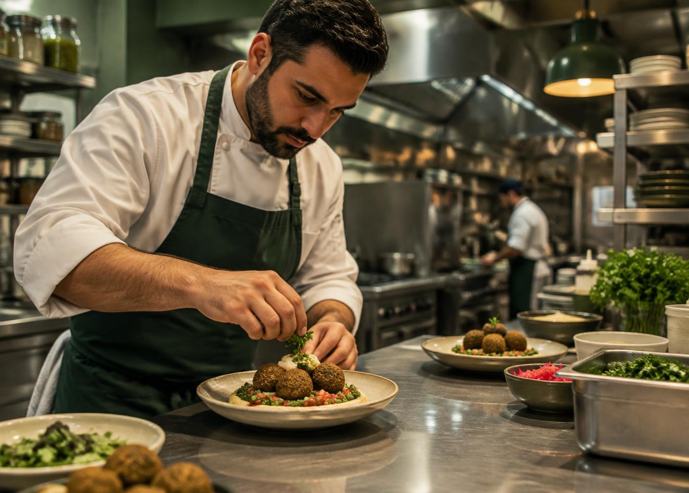 Falafel werden in einer Profiküche angerichtet